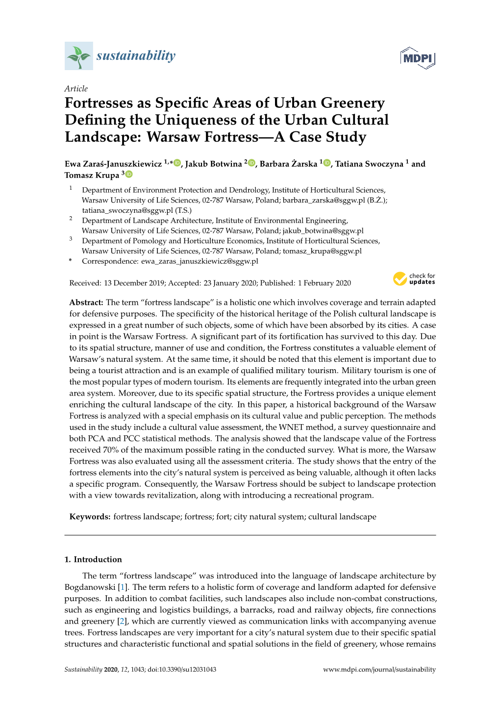 Fortresses As Specific Areas of Urban Greenery Defining the Uniqueness of the Urban Cultural Landscape