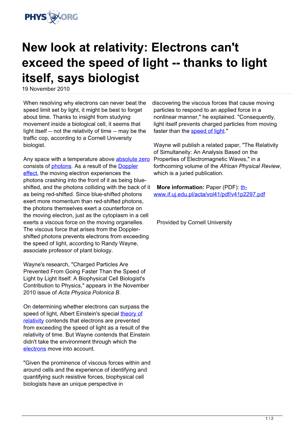 Thanks to Light Itself, Says Biologist 19 November 2010