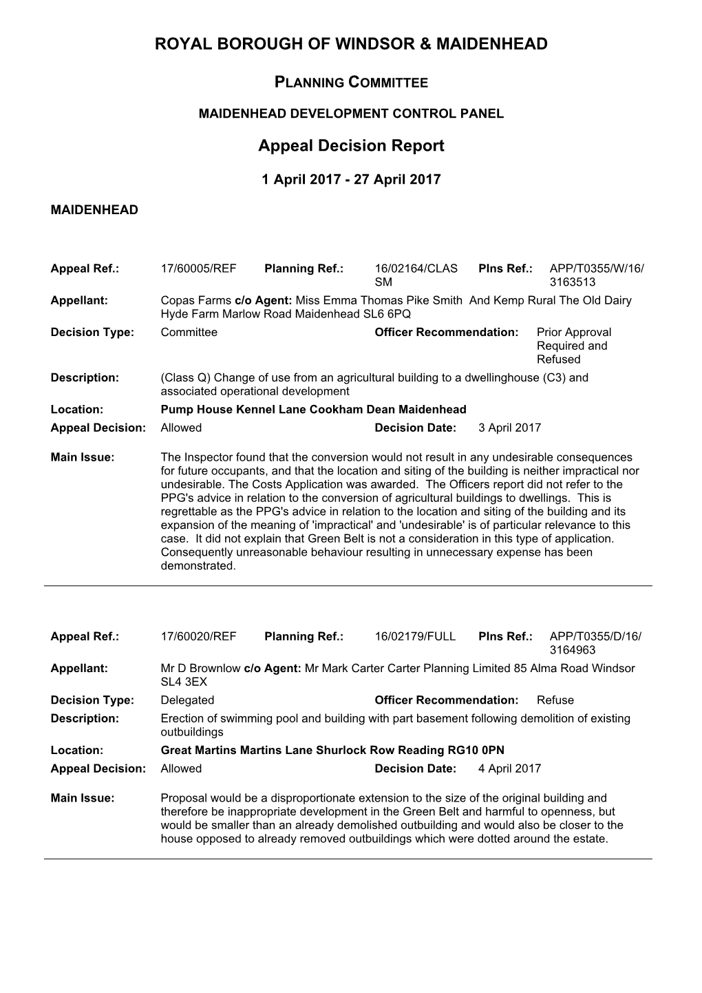 ROYAL BOROUGH of WINDSOR & MAIDENHEAD Appeal Decision Report