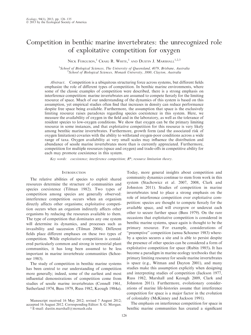 Competition in Benthic Marine Invertebrates: the Unrecognized Role of Exploitative Competition for Oxygen