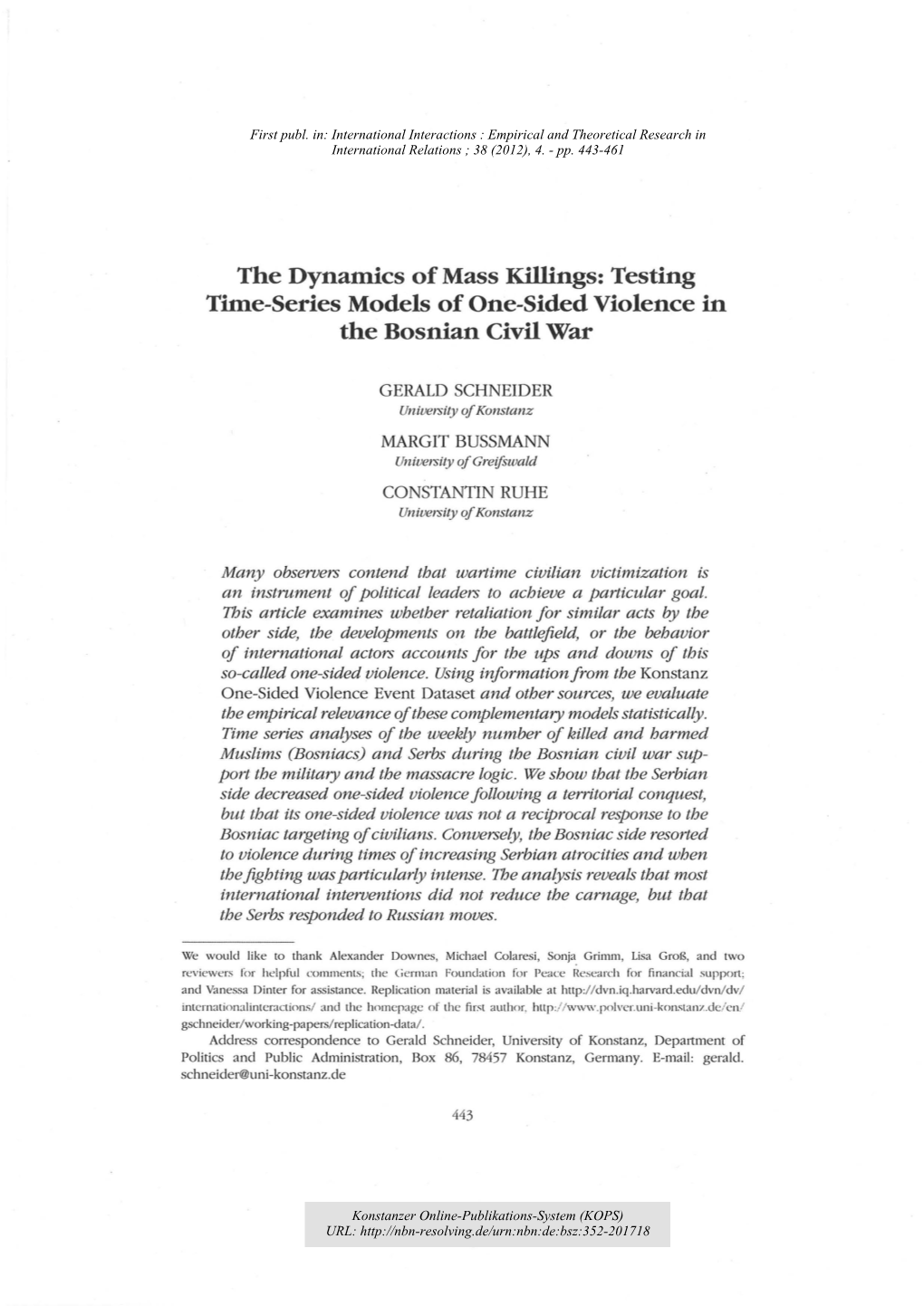 The Dynamics of Mass Killings : Testing Time-Series Models of One