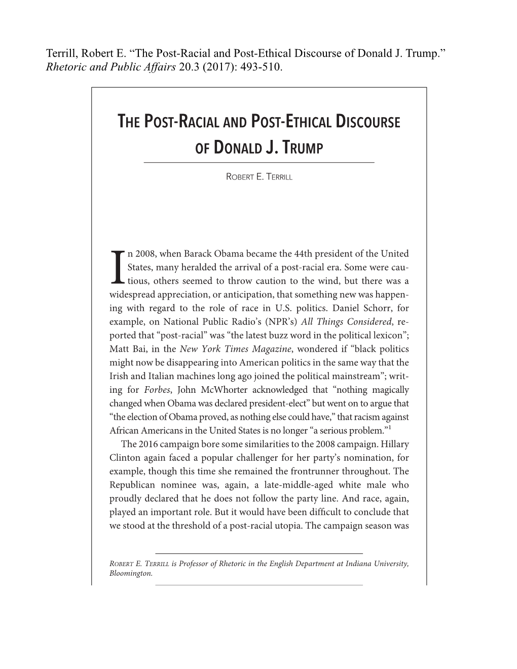 Terrill, Robert E. “The Post-Racial and Post-Ethical Discourse of Donald J