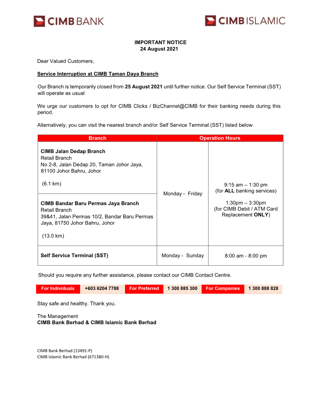 Service Interruption at CIMB Taman Daya Branch