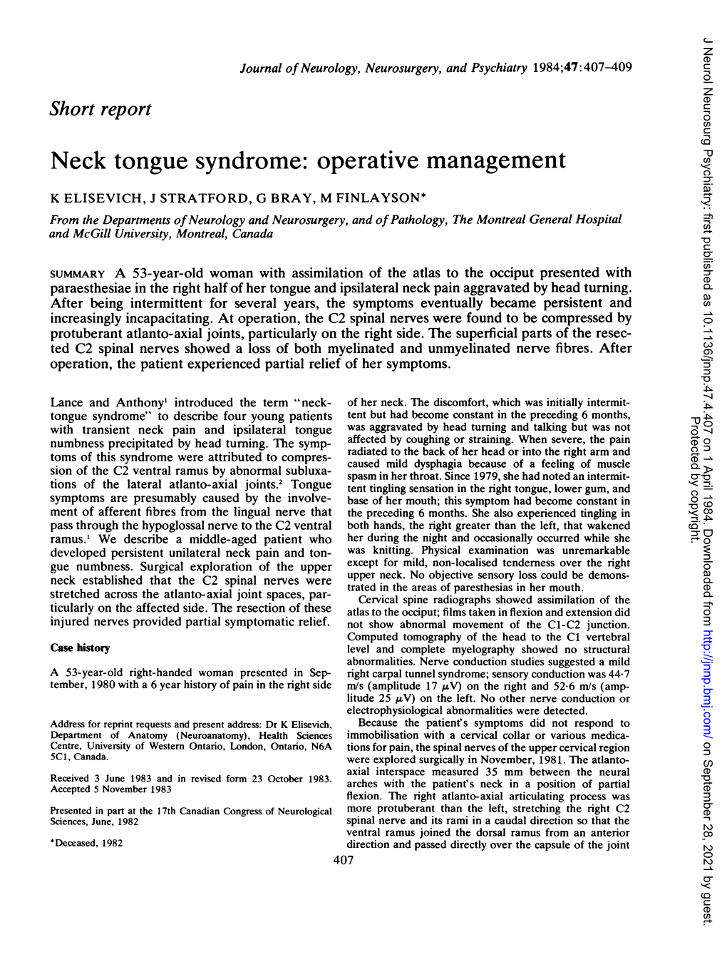 Neck Tongue Syndrome: Operative Management