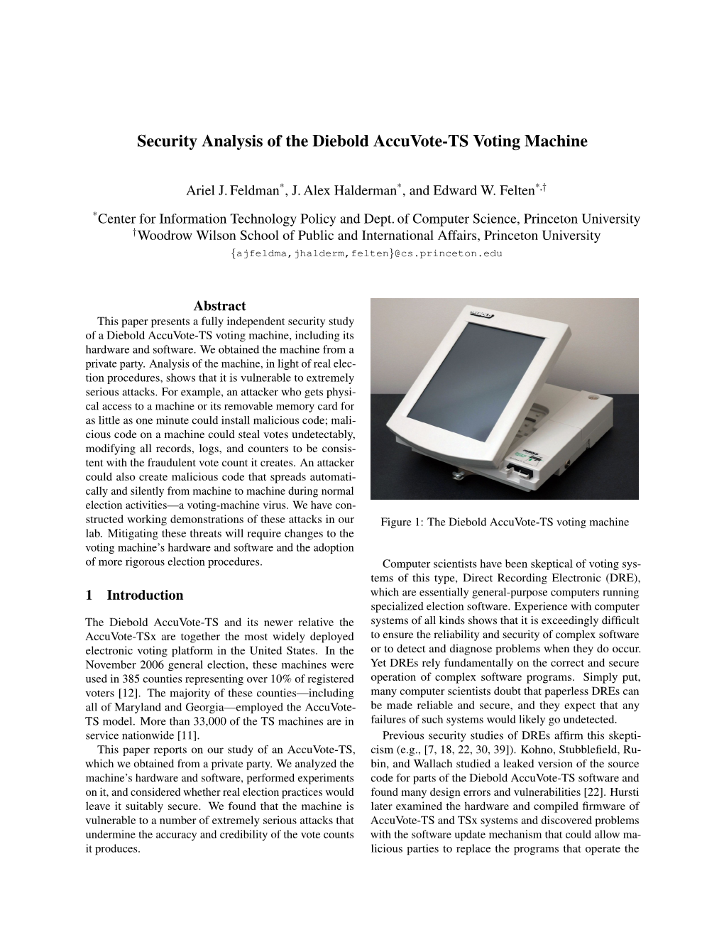 Security Analysis of the Diebold Accuvote-TS Voting Machine