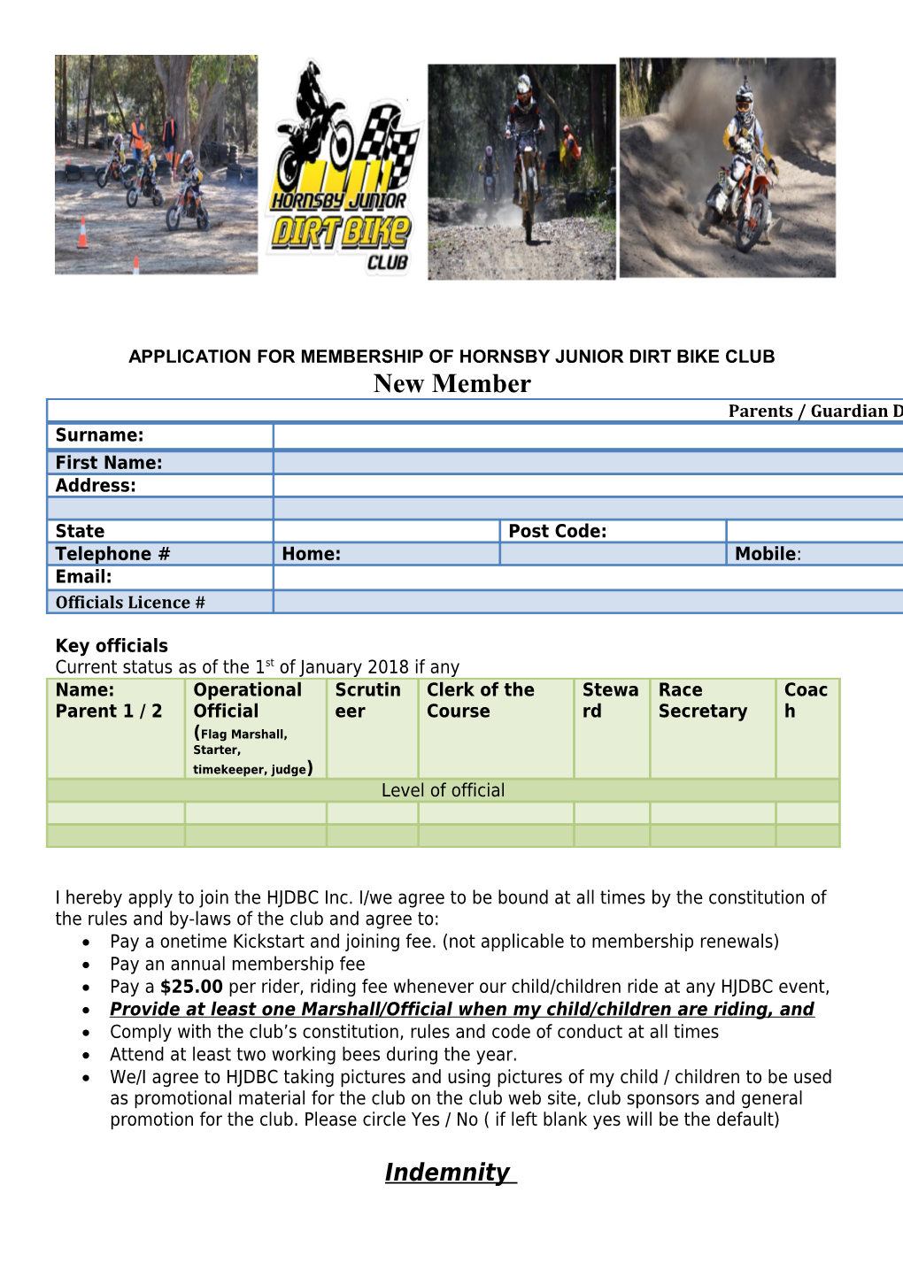 Application for Membership of Hornsby Junior Dirt Bike Club