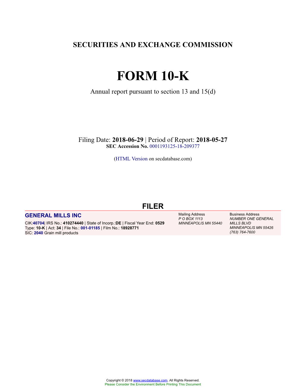 GENERAL MILLS INC Form 10-K Annual Report Filed 2018-06-29