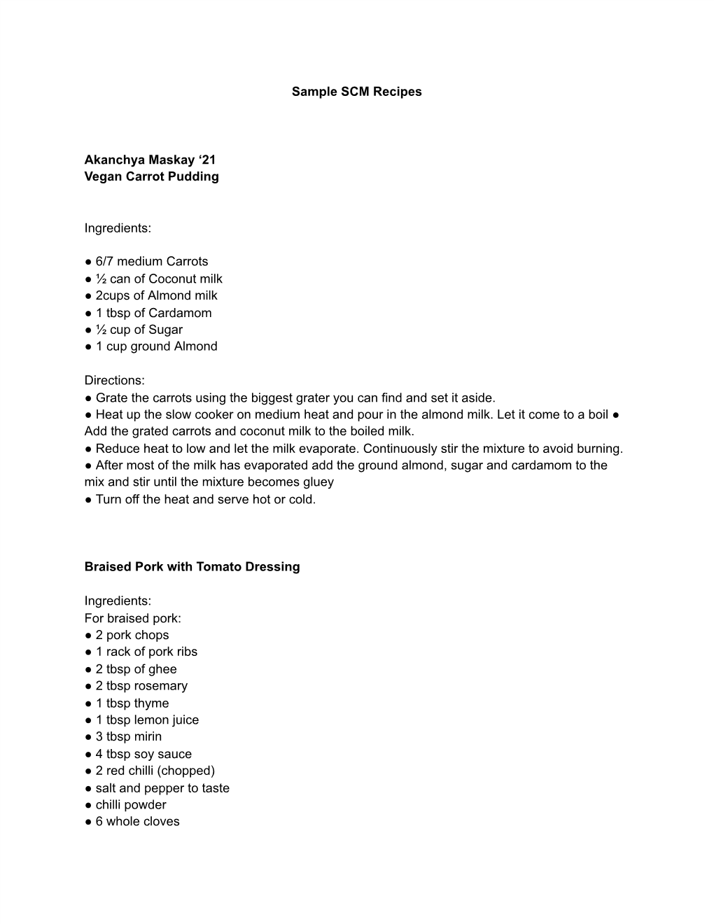 Sample SCM Recipes Akanchya Maskay '21 Vegan Carrot Pudding