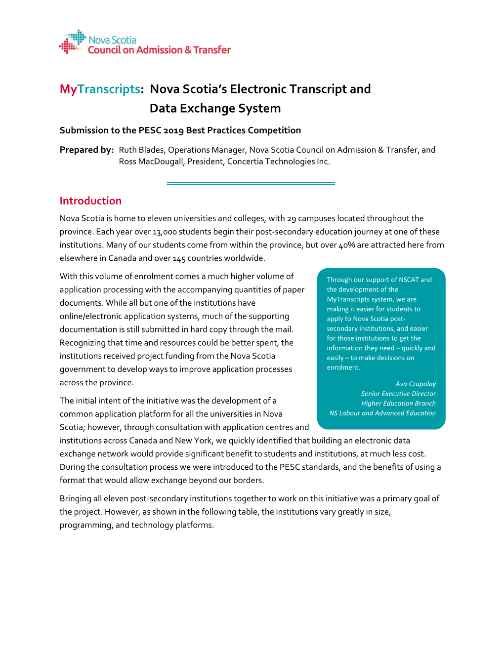 Mytranscripts: Nova Scotia's Electronic Transcript and Data