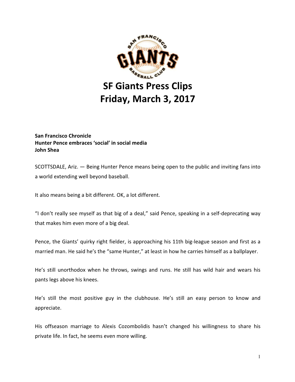 SF Giants Press Clips Friday, March 3, 2017