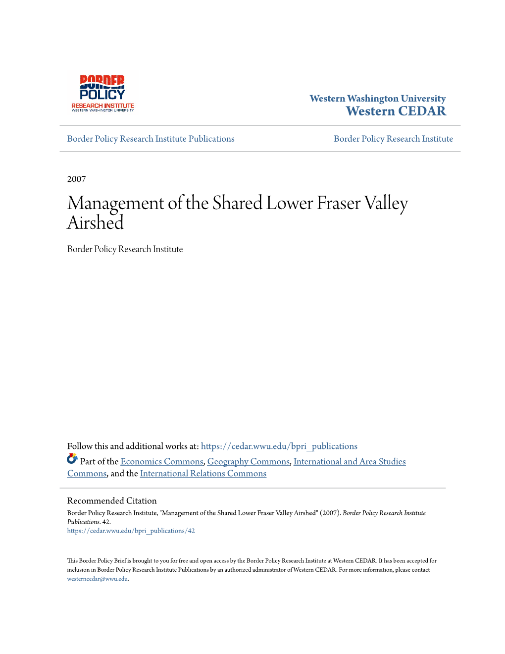 Management of the Shared Lower Fraser Valley Airshed Border Policy Research Institute