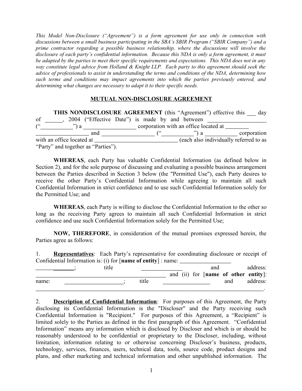 This Model Non-Disclosure ( Agreement ) Is a Form Agreement for Use Only in Connection