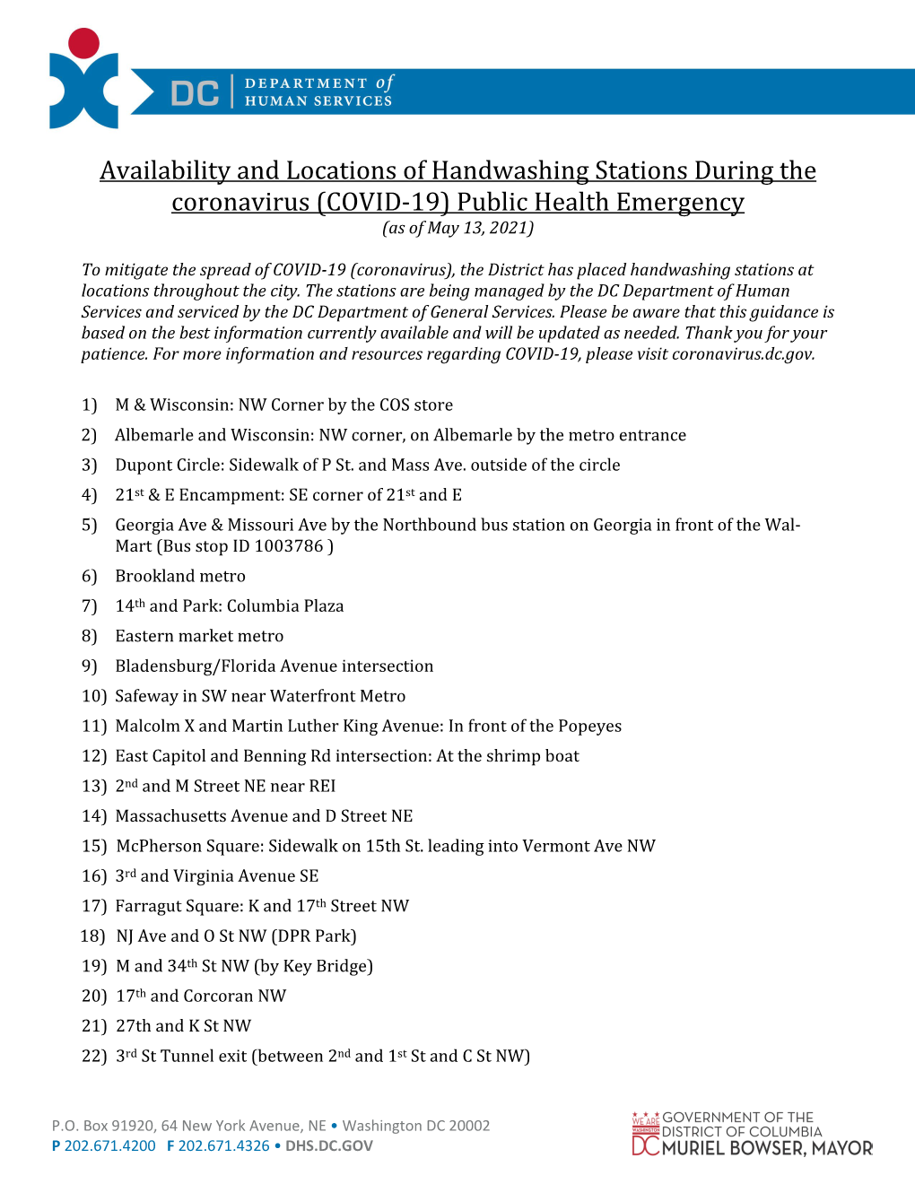 Availability and Locations of Handwashing Stations During the Coronavirus (COVID-19) Public Health Emergency (As of May 13, 2021)