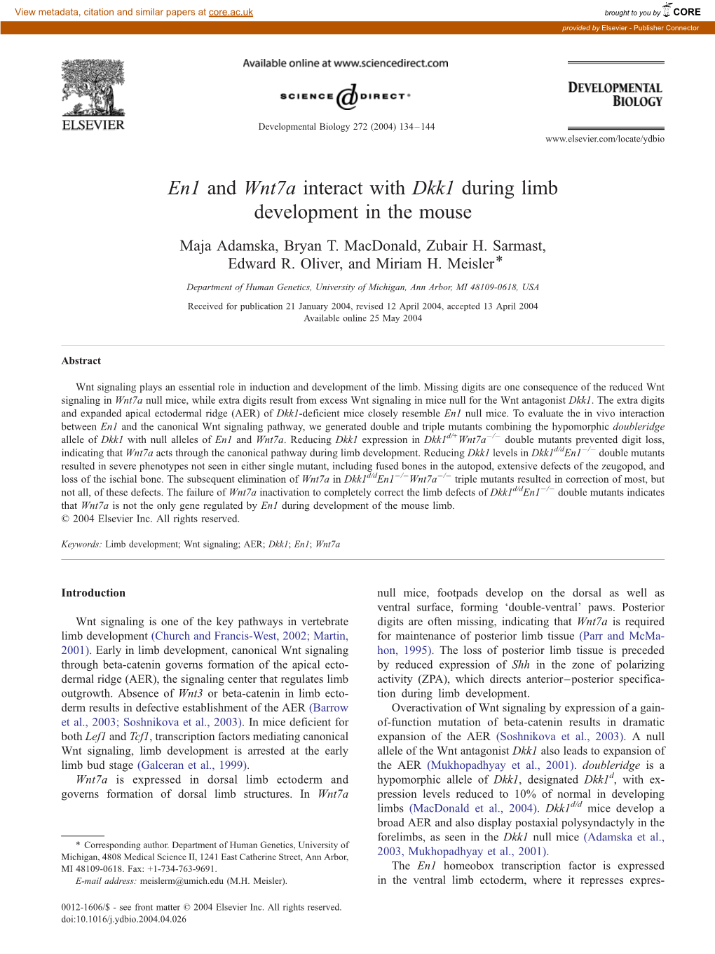 En1 and Wnt7a Interact with Dkk1 During Limb Development in the Mouse