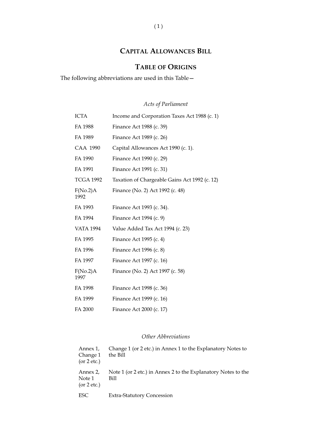 Capital Allowances Bill Table Of