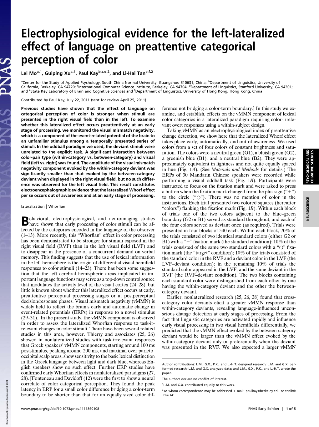 Electrophysiological Evidence for the Left-Lateralized Effect of Language on Preattentive Categorical Perception of Color