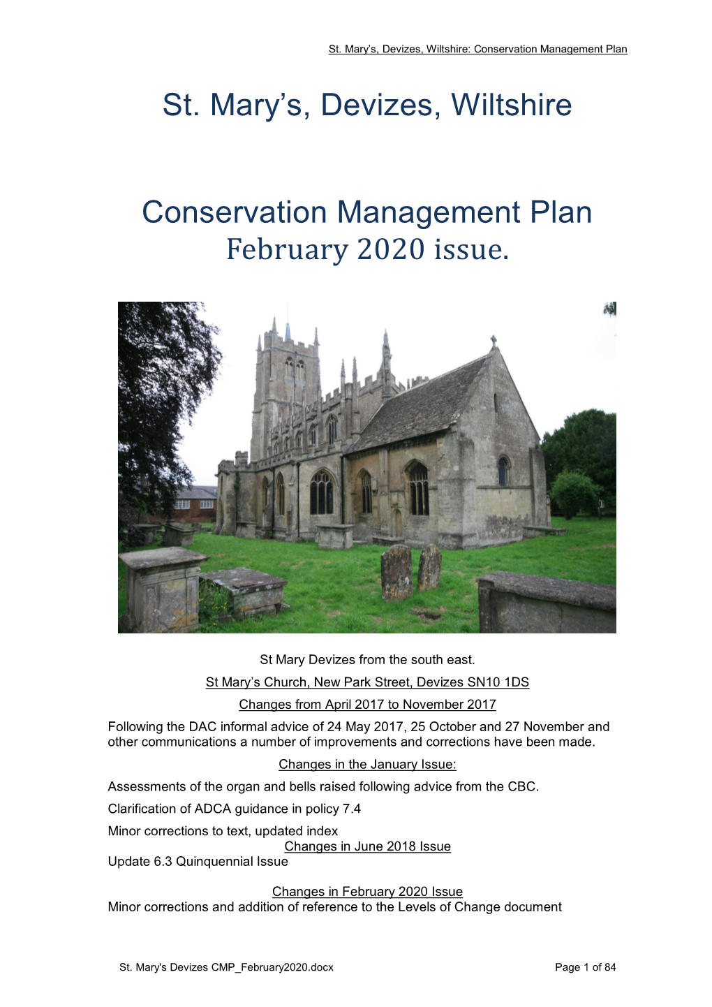 St. Mary's, Devizes, Wiltshire Conservation Management Plan February 2020 Issue