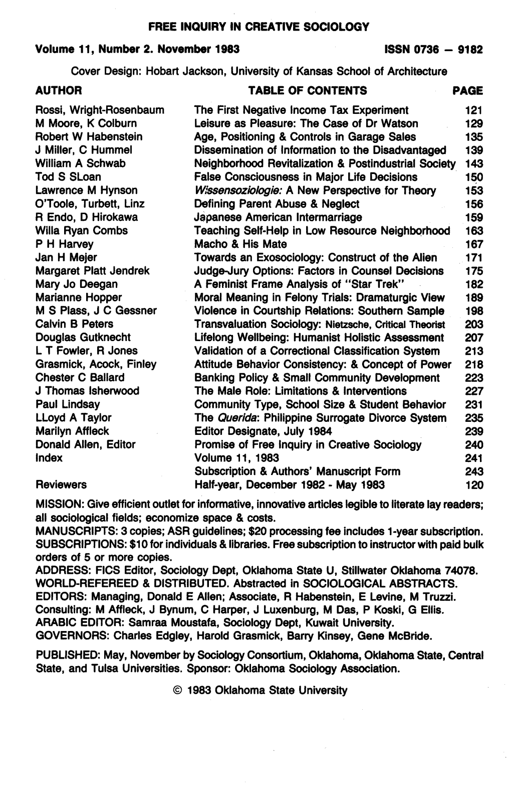 FREE INQUIRY in CREATIVE SOCIOLOGY Volume 11, Number 2. November 1983 ISSN 0736