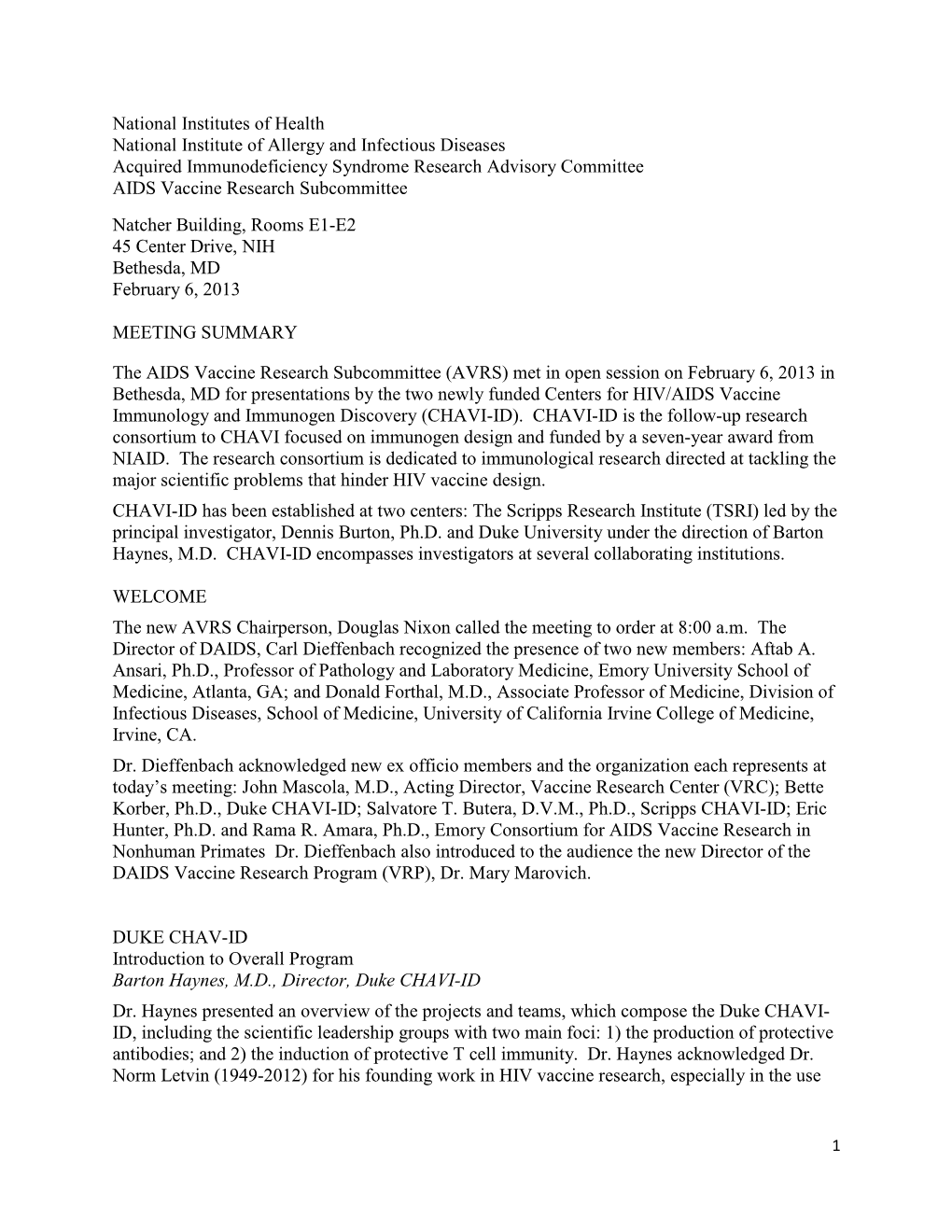 AVRS Meeting Summary, February 6, 2013