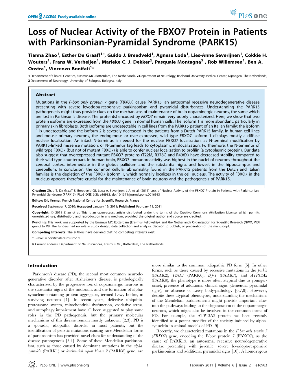 Loss of Nuclear Activity of the FBXO7 Protein in Patients with Parkinsonian-Pyramidal Syndrome (PARK15)