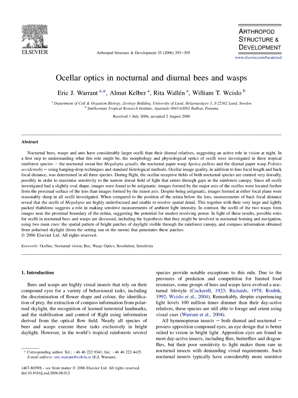 Ocellar Optics in Nocturnal and Diurnal Bees and Wasps