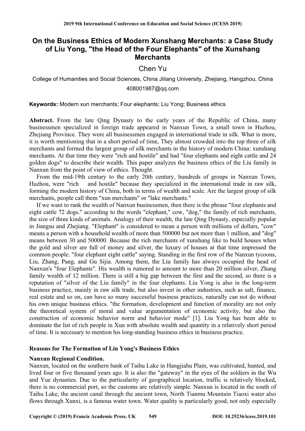 On the Business Ethics of Modern Xunshang Merchants: a Case Study of Liu Yong, "The Head of the Four Elephants" Of