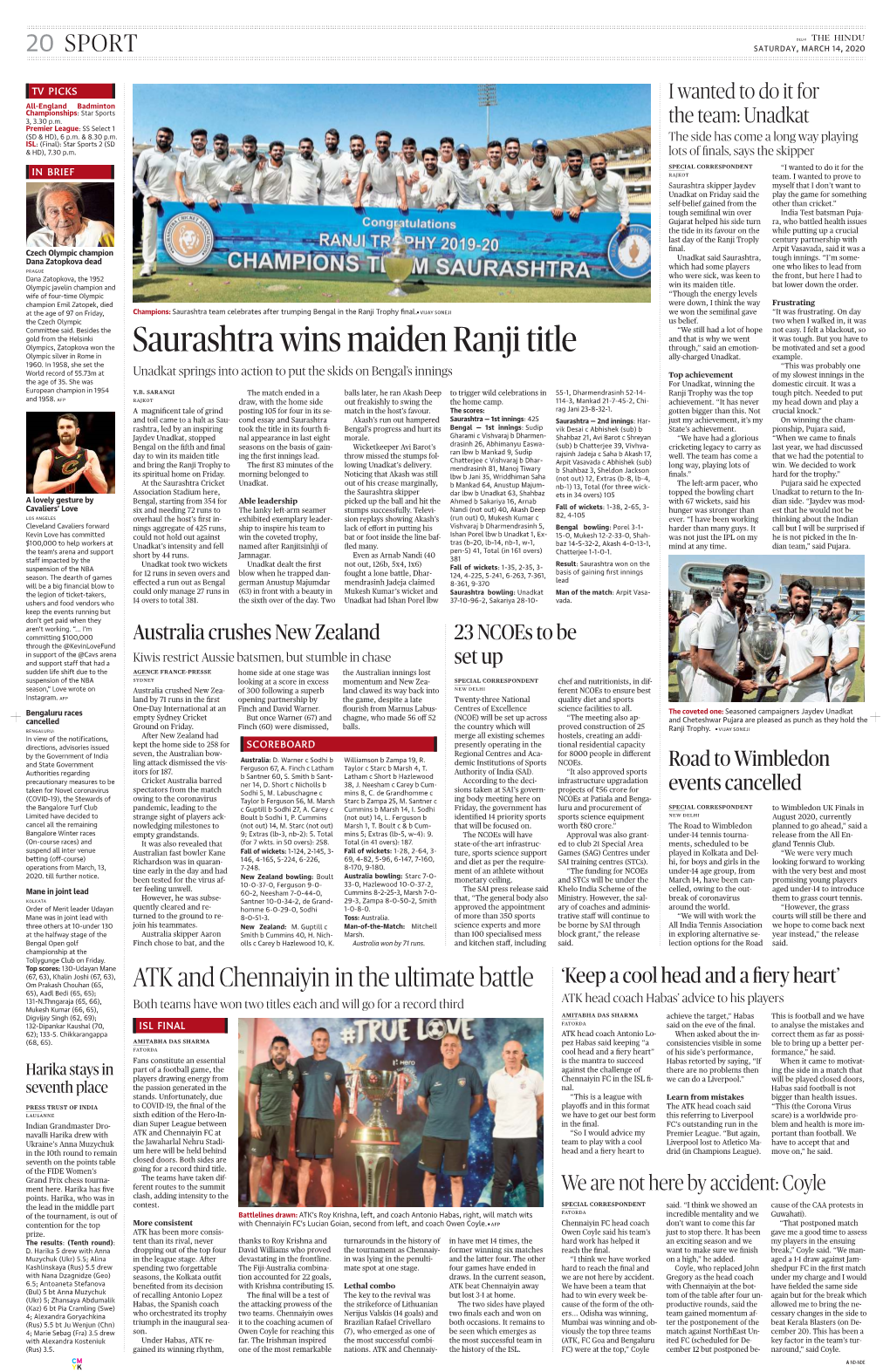 Saurashtra Wins Maiden Ranji Title Through,” Said an Emotion­ Be Motivated and Set a Good Olympic Silver in Rome in Ally­Charged Unadkat