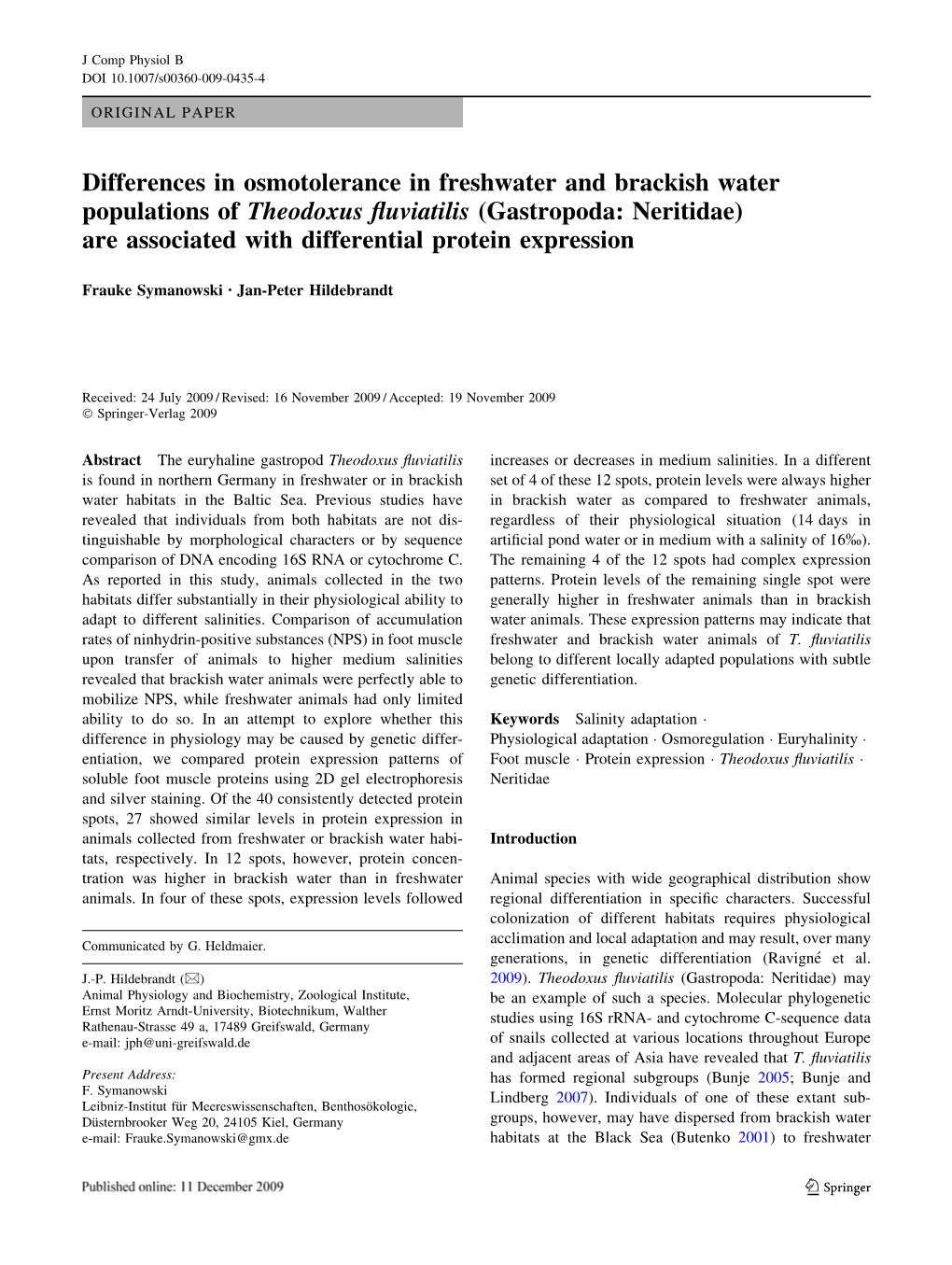 Differences in Osmotolerance in Freshwater and Brackish Water Populations of Theodoxus Fluviatilis (Gastropoda: Neritidae) Are A