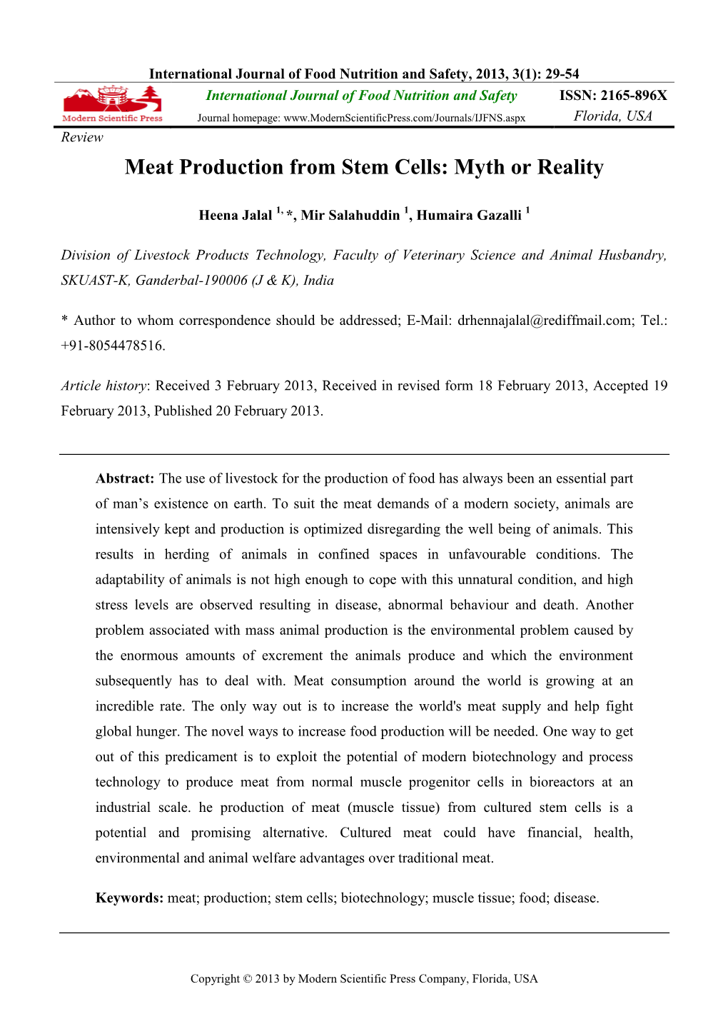 Meat Production from Stem Cells: Myth Or Reality