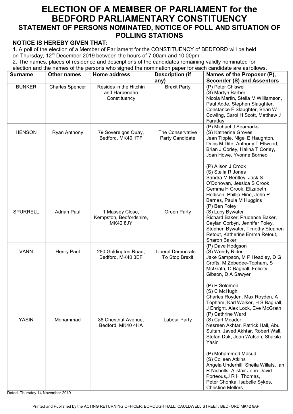 ELECTION of a MEMBER of PARLIAMENT for the BEDFORD