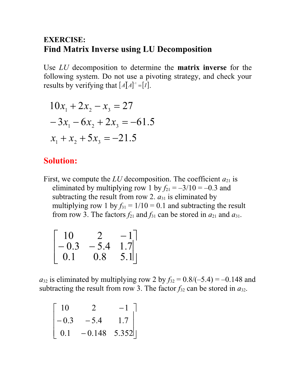 Find Matrix Inverse Using LU Decomposition