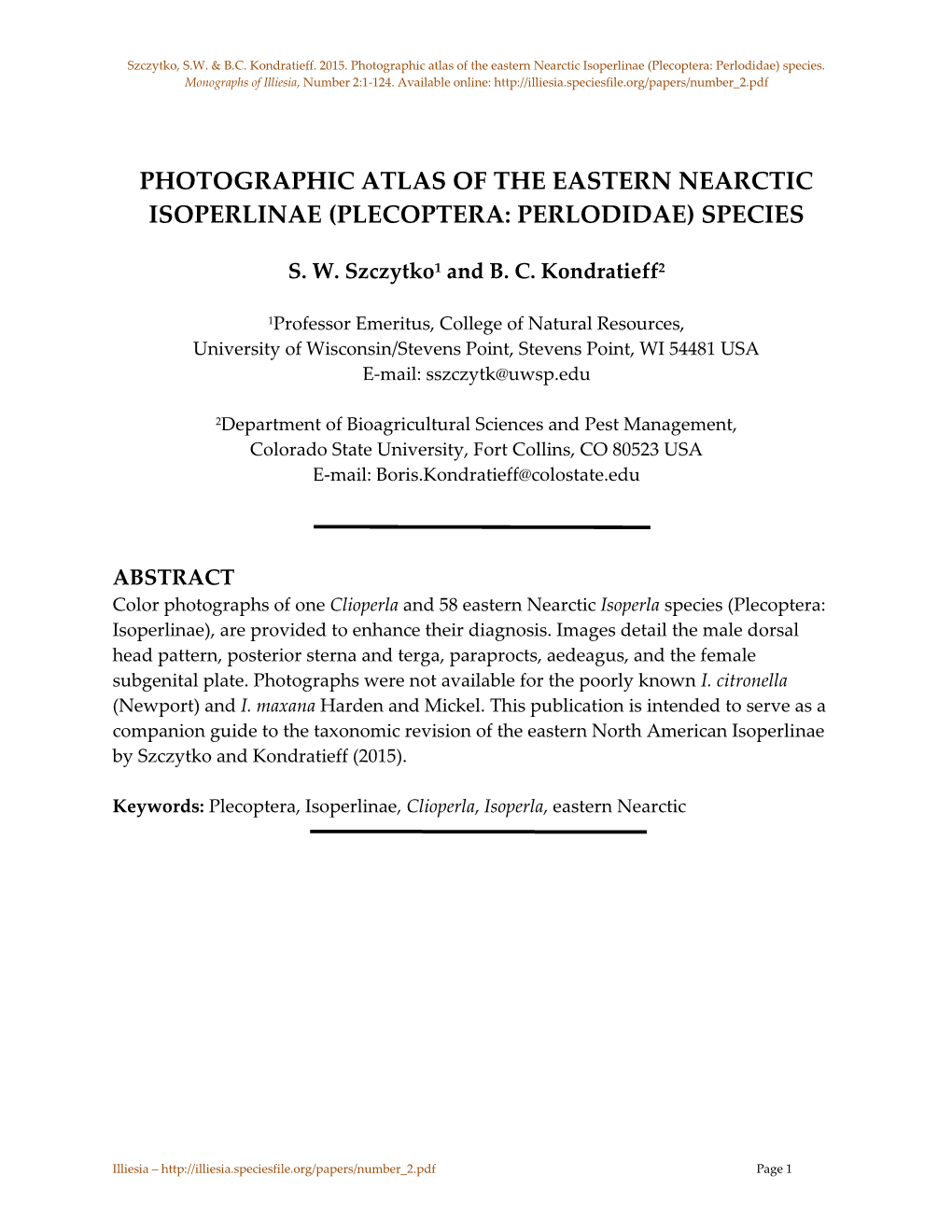Photographic Atlas of the Eastern Nearctic Isoperlinae (Plecoptera: Perlodidae) Species