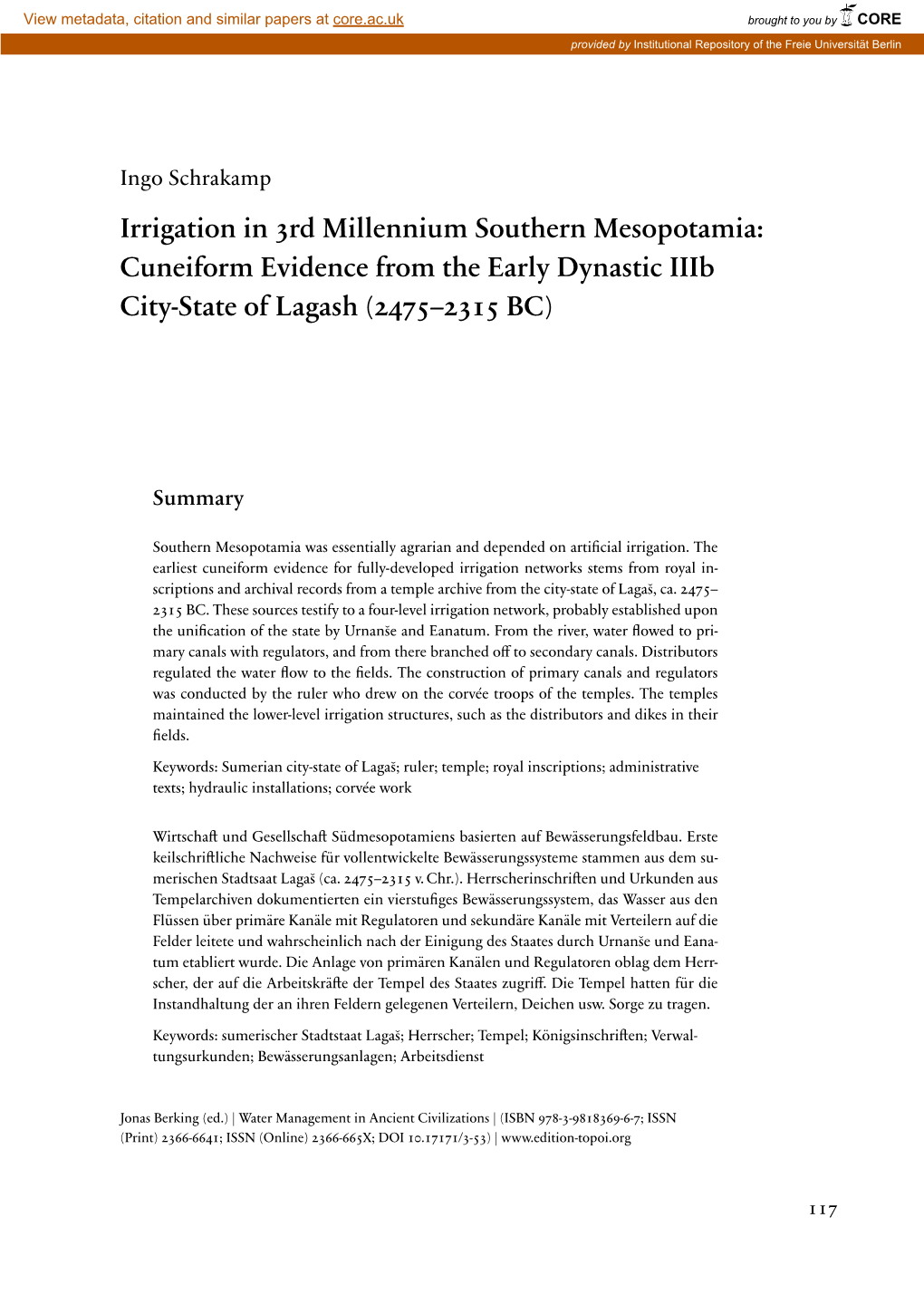 Irrigation in 3Rd Millennium Southern Mesopotamia: Cuneiform Evidence from the Early Dynastic Iiib City-State of Lagash (2475–2315 BC)