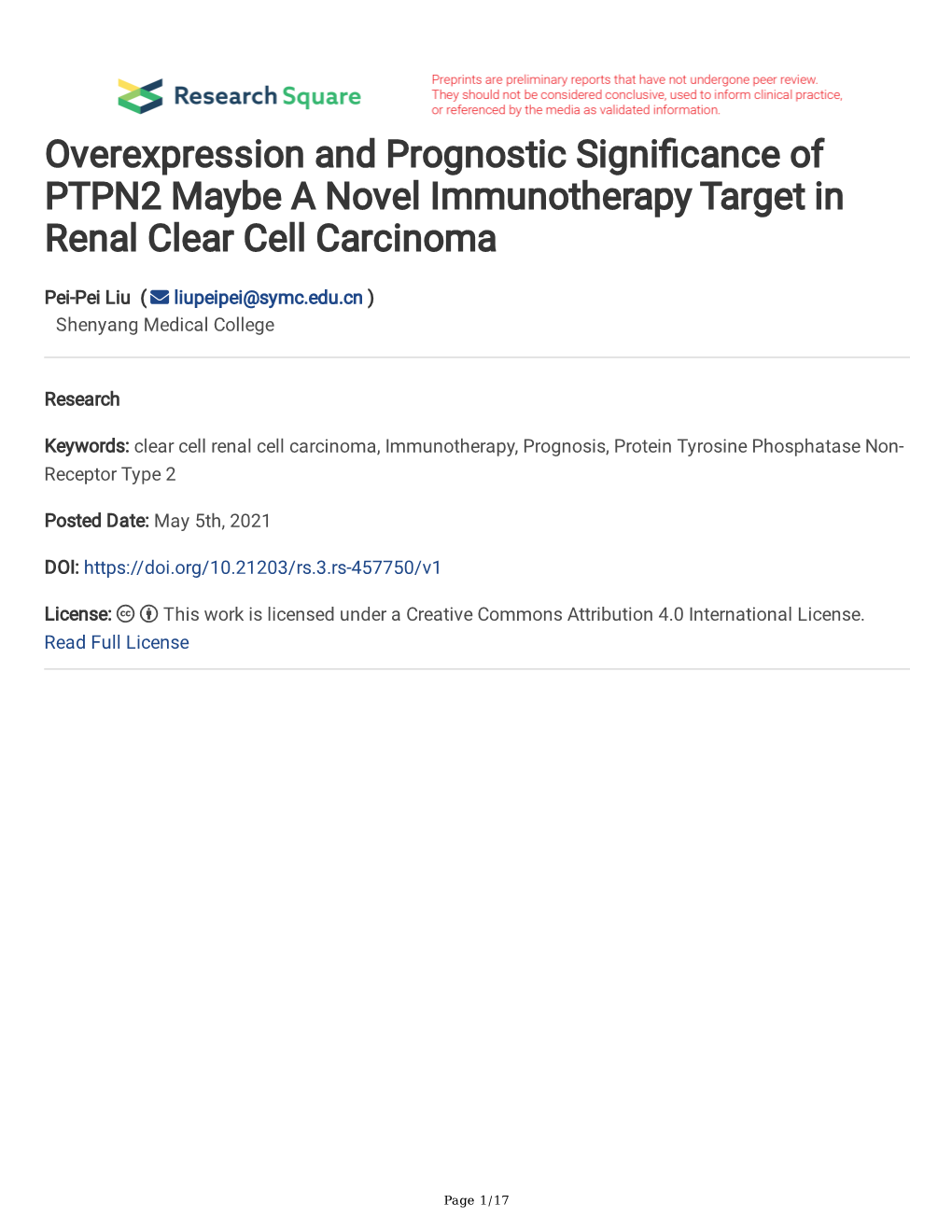 Overexpression and Prognostic Signi Cance of PTPN2 Maybe a Novel