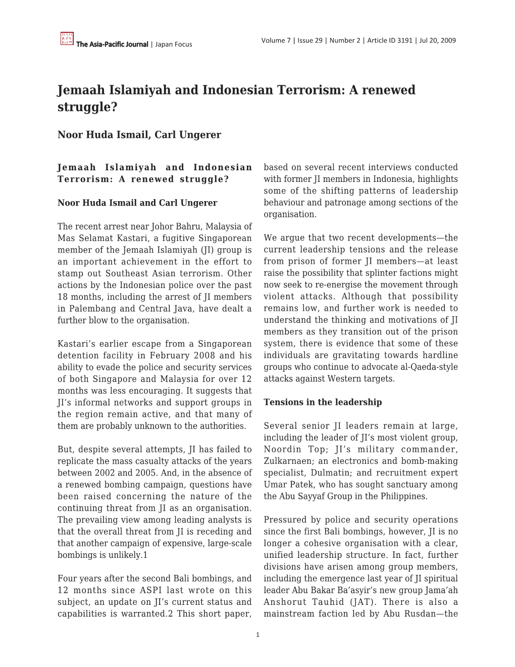 Jemaah Islamiyah and Indonesian Terrorism: a Renewed Struggle?