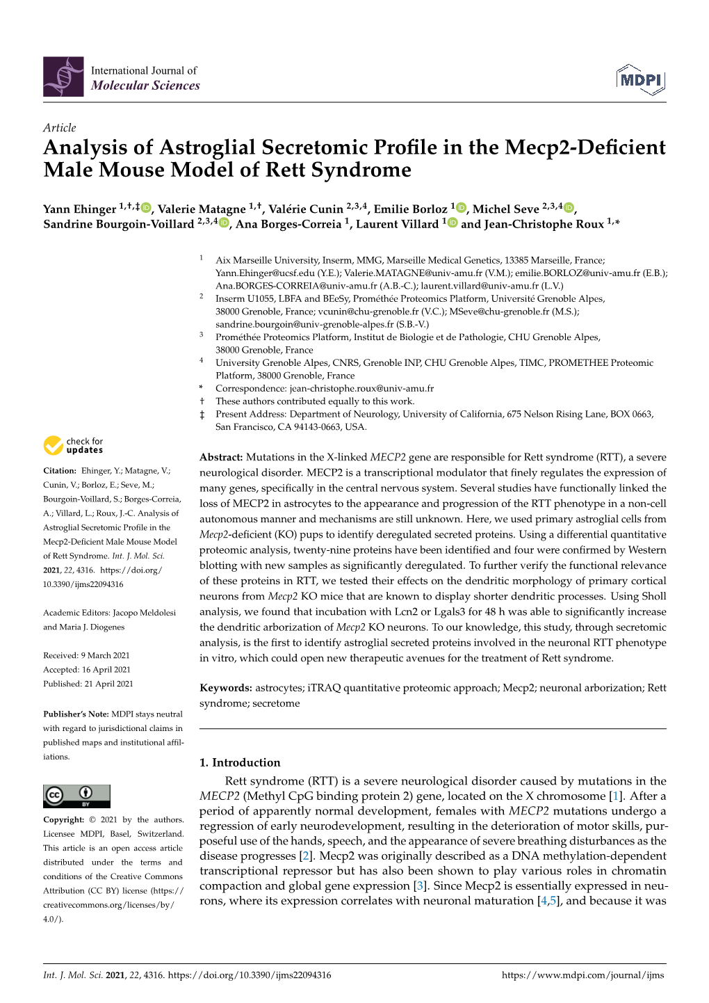 Analysis of Astroglial Secretomic Profile in the Mecp2-Deficient Male