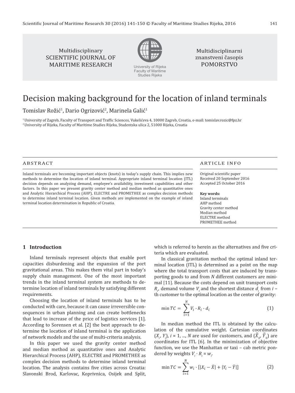 Decision Making Background for the Location of Inland Terminals