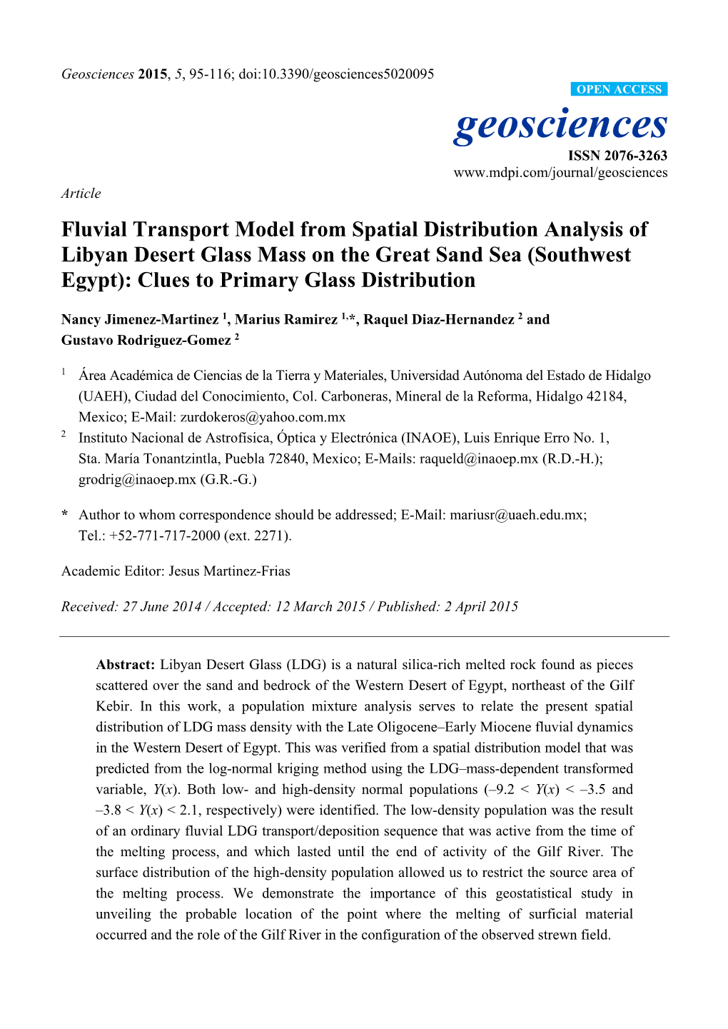 Fluvial Transport Model from Spatial Distribution Analysis of Libyan Desert Glass Mass on the Great Sand Sea (Southwest Egypt): Clues to Primary Glass Distribution