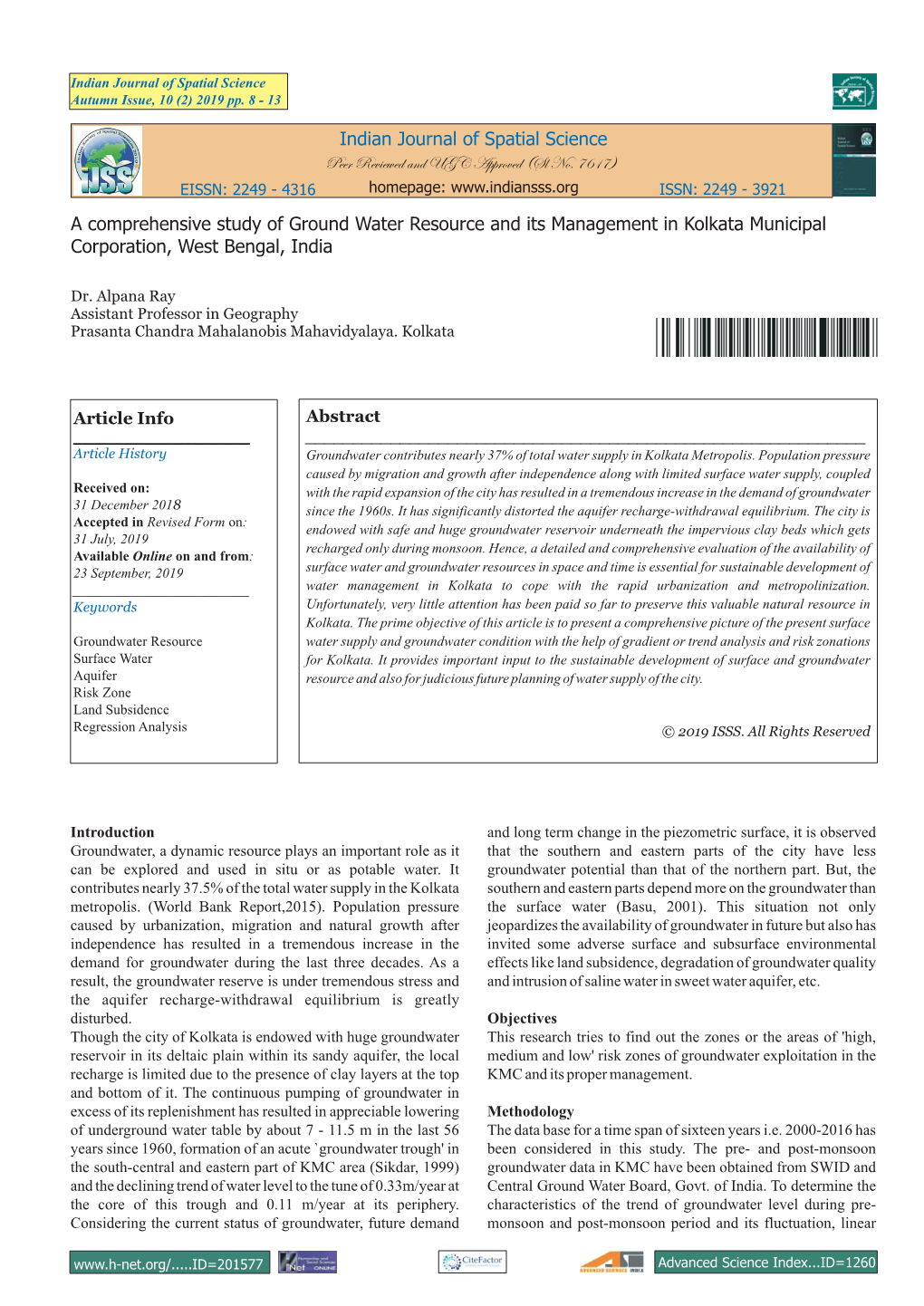 A Comprehensive Study of Ground Water Resource and Its Management in Kolkata Municipal Corporation, West Bengal, India