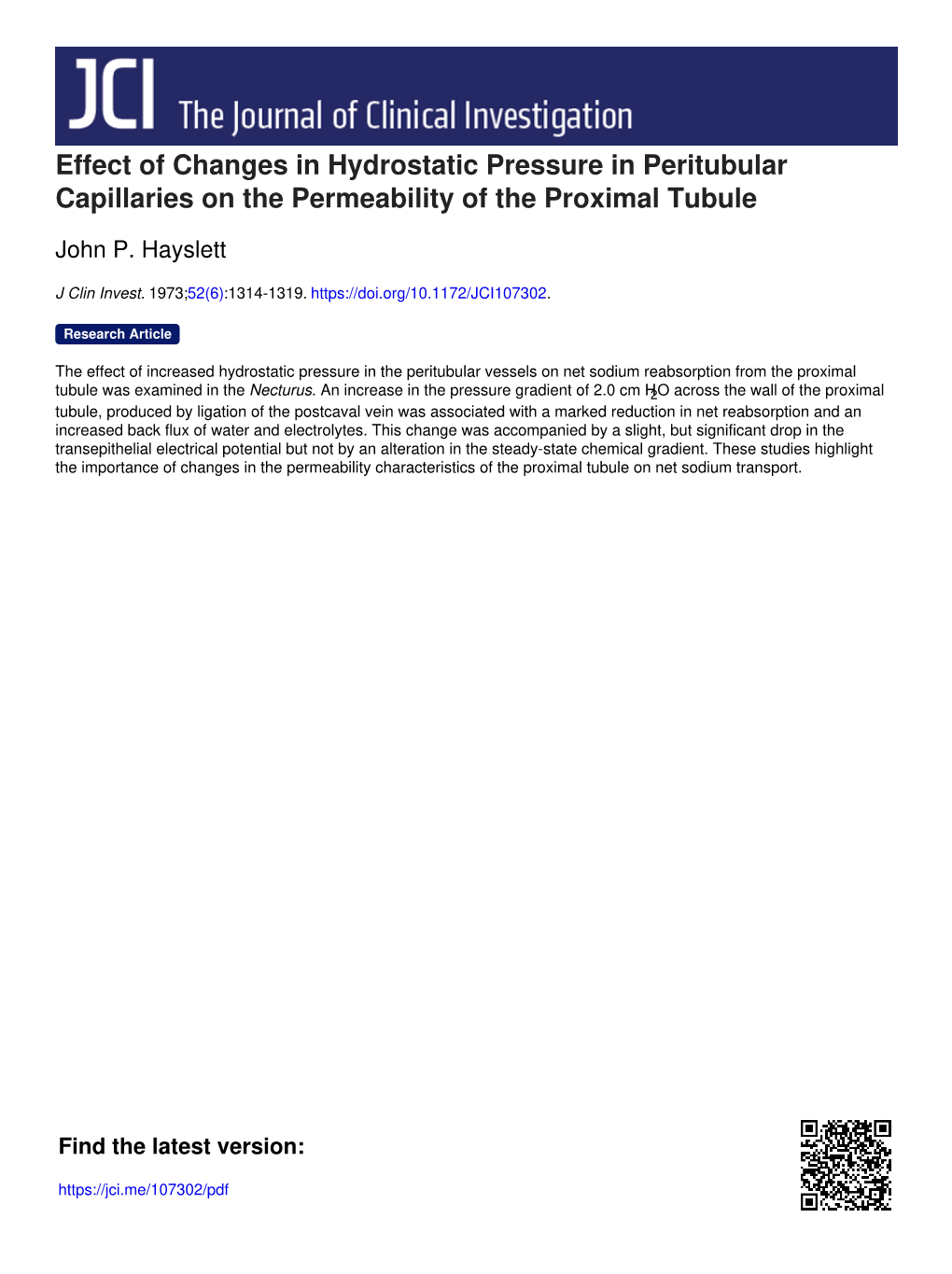 Effect of Changes in Hydrostatic Pressure in Peritubular Capillaries on the Permeability of the Proximal Tubule