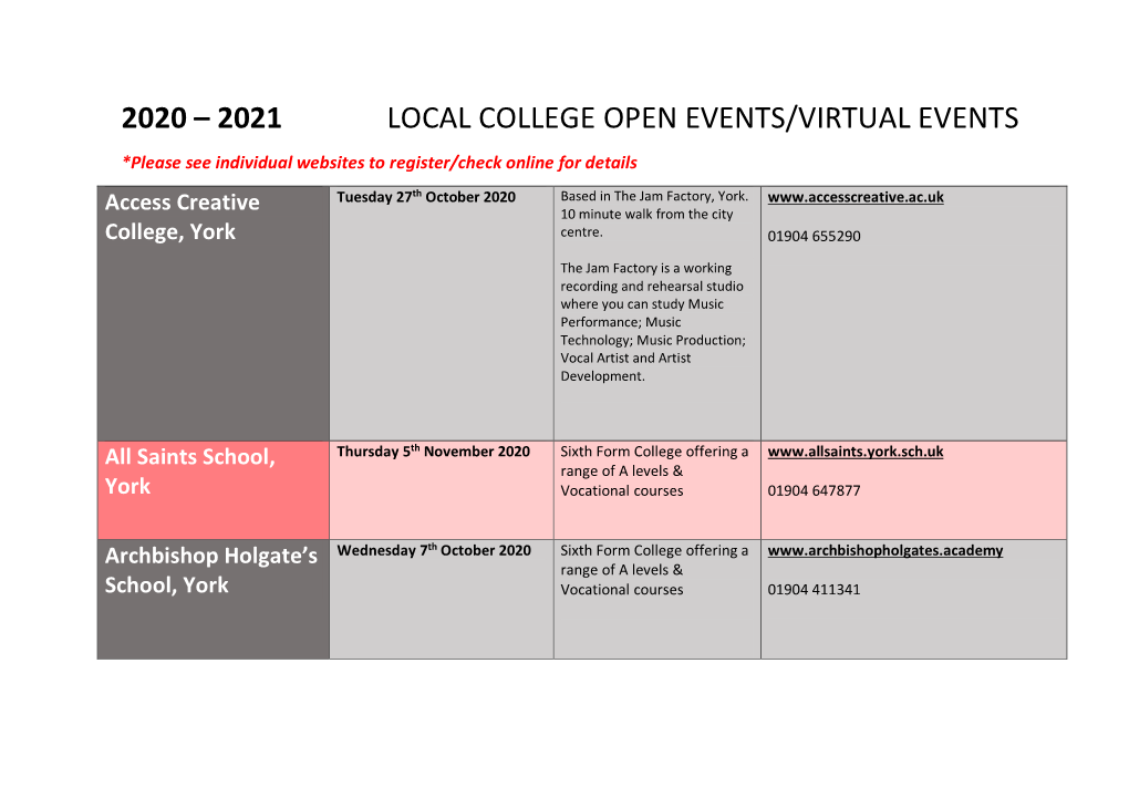 2020 – 2021 Local College Open Events