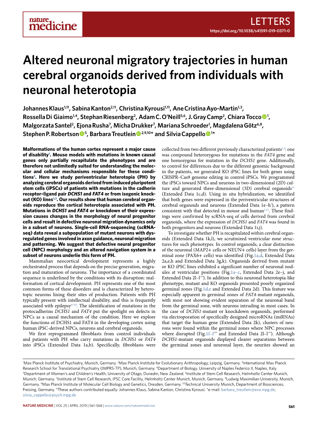 Altered Neuronal Migratory Trajectories in Human Cerebral Organoids Derived from Individuals with Neuronal Heterotopia