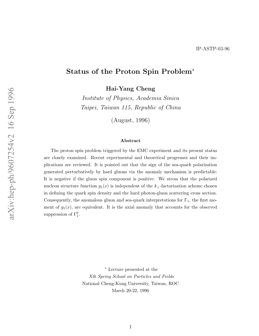 Status of the Proton Spin Problem