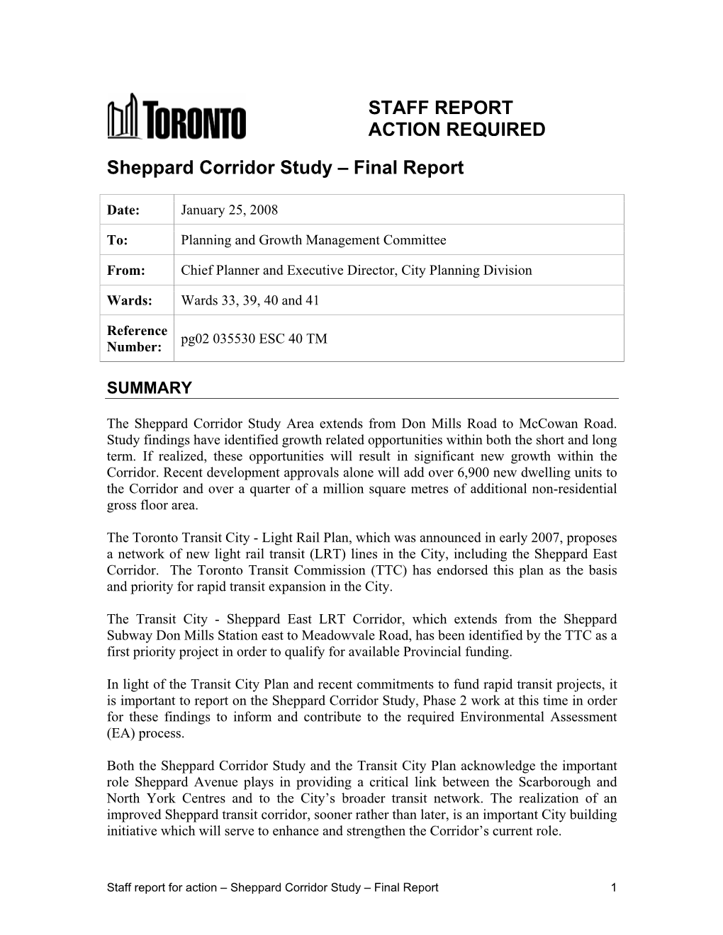 STAFF REPORT ACTION REQUIRED Sheppard Corridor Study