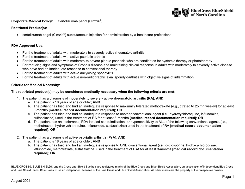 Certolizumab Pegol (Cimzia®) Restricted Product(S)