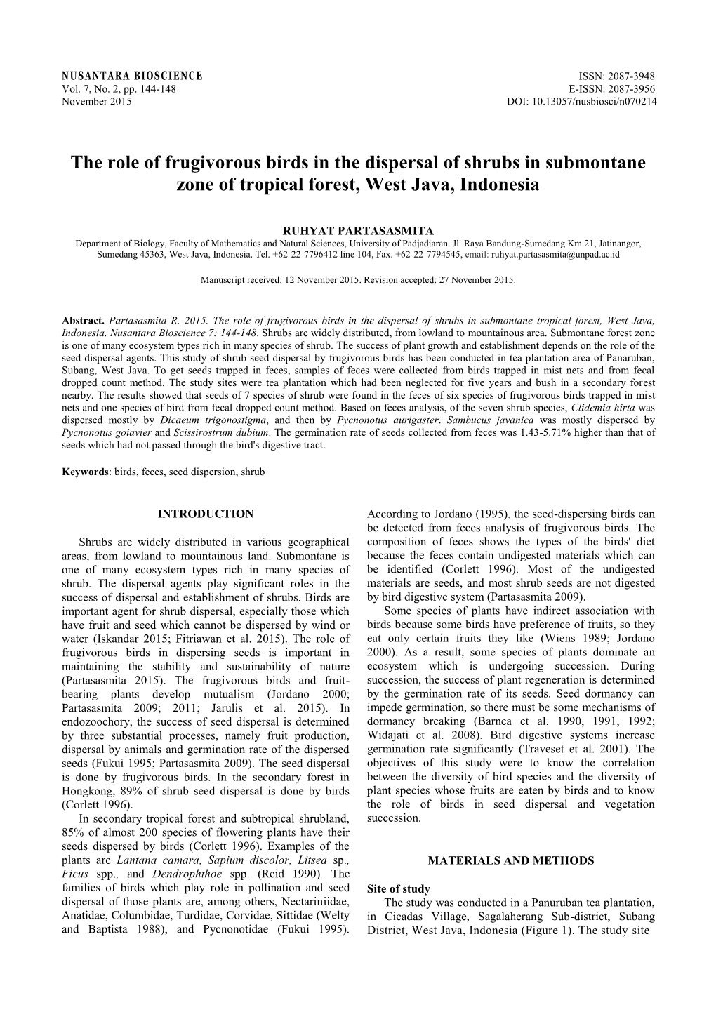 The Role of Frugivorous Birds in the Dispersal of Shrubs in Submontane Zone of Tropical Forest, West Java, Indonesia