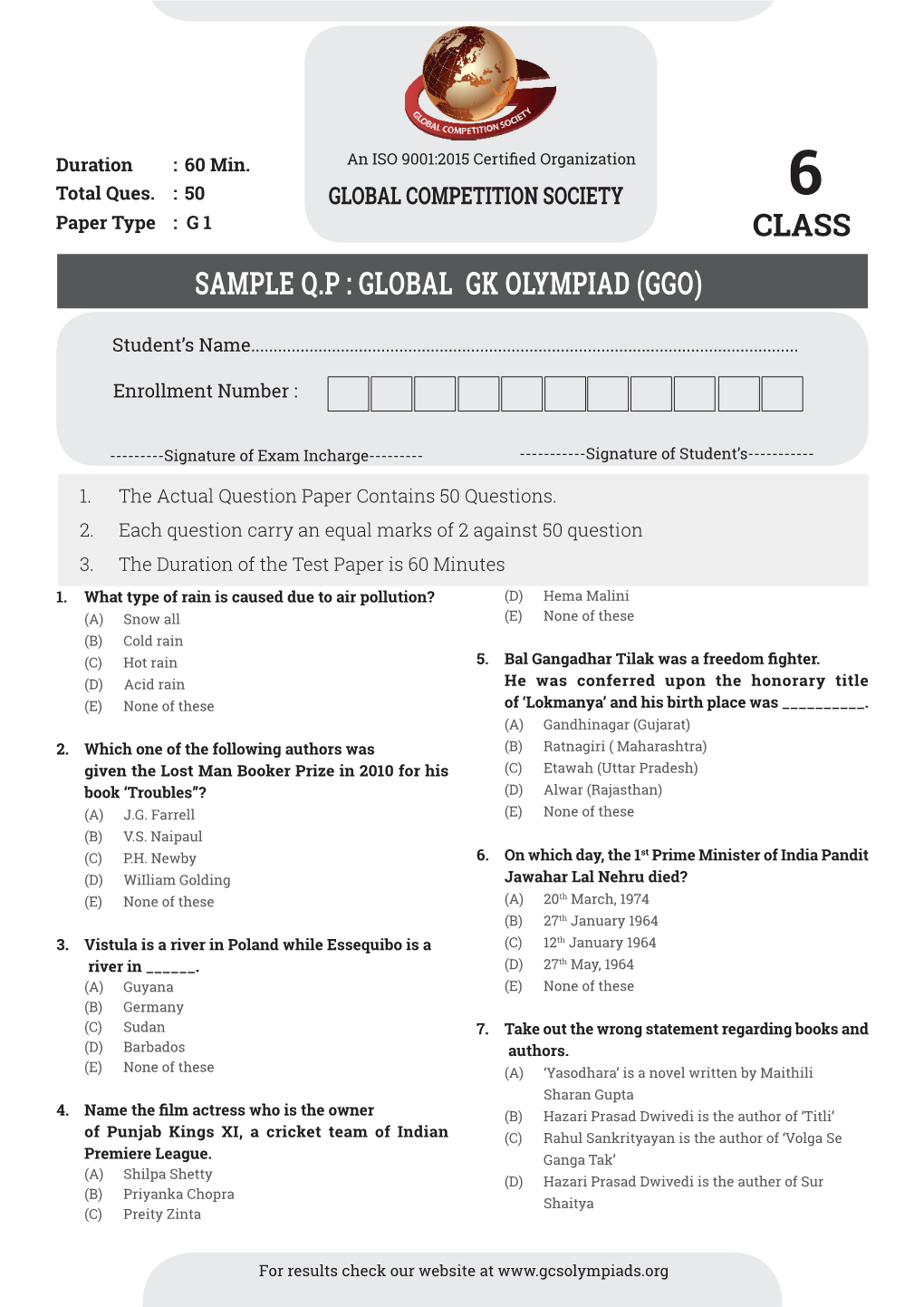 Class Sample QP : Global Gk Olympiad (Ggo)