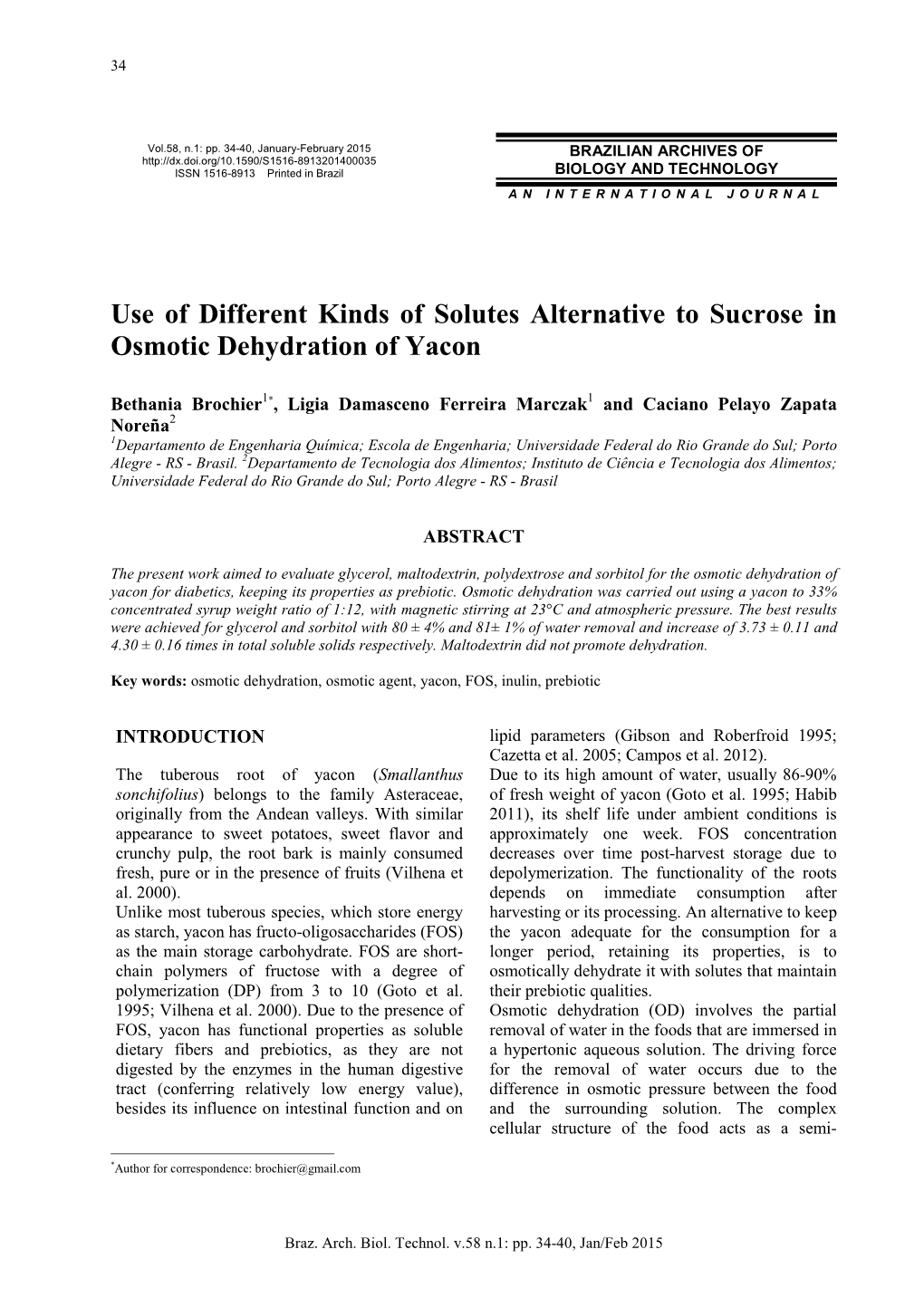 Use of Different Kinds of Solutes Alternative to Sucrose in Osmotic Dehydration of Yacon