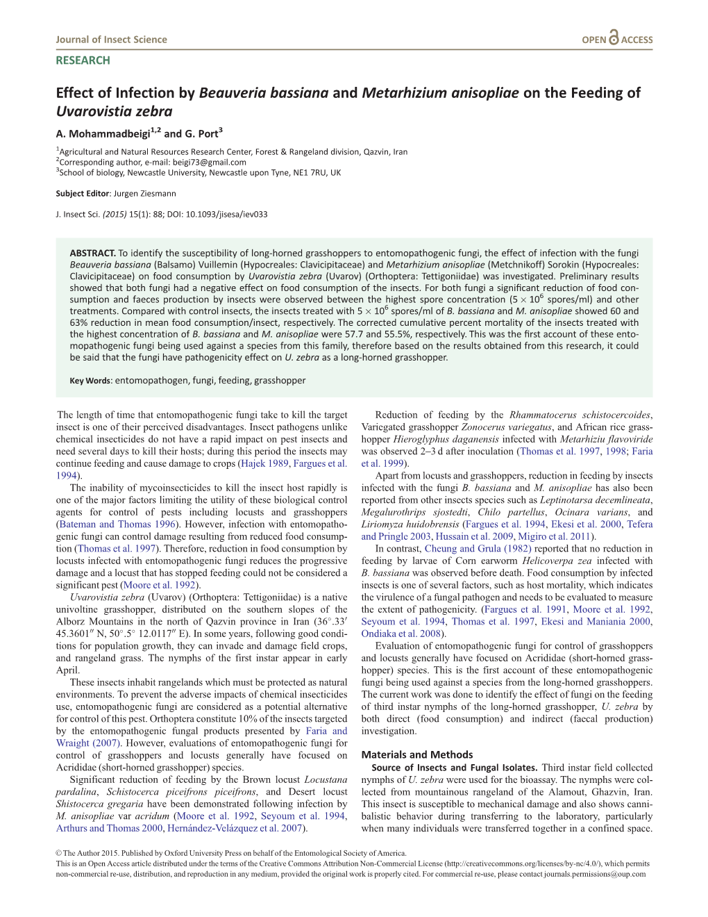 Effect of Infection by Beauveria Bassiana and Metarhizium Anisopliae on the Feeding of Uvarovistia Zebra A