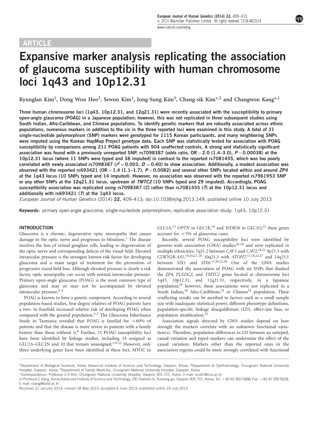 Expansive Marker Analysis Replicating the Association of Glaucoma Susceptibility with Human Chromosome Loci 1Q43 and 10P12.31